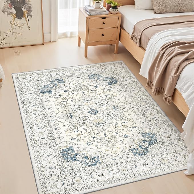 Area Rugs for Living Room - 4x6, Boho Non-Slip Low Pile Carpet Washable Rugs for Bedroom,Office, Dining Room (BeigeBlue)