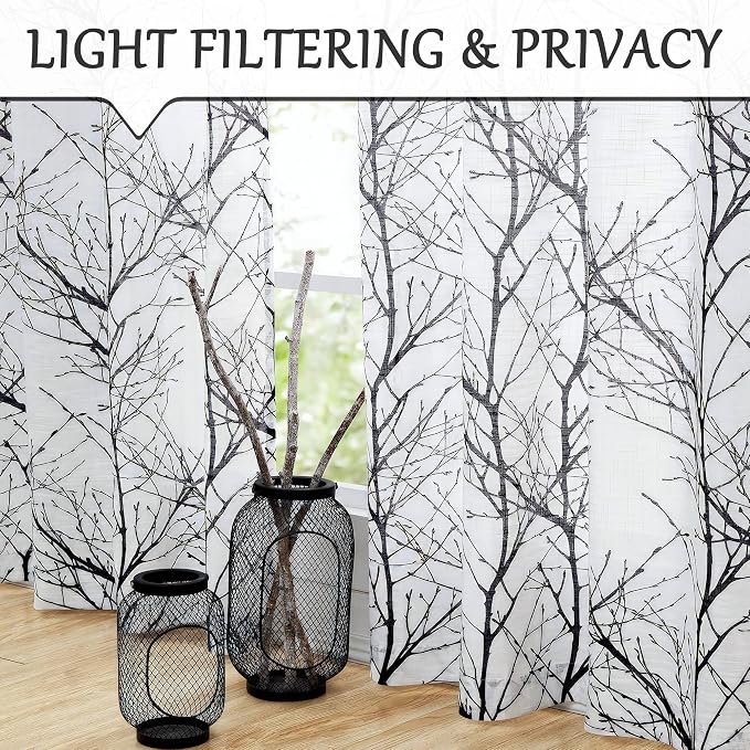 FMFUNCTEX Linen Semi Sheer Curtains for Bedroom, Black White Curtains 96 Inches Long for Living Room, Grey Tree Branch Patterned Curtain Light Filtering Farmhouse Window Drapes, Grommet Top 2 Panels