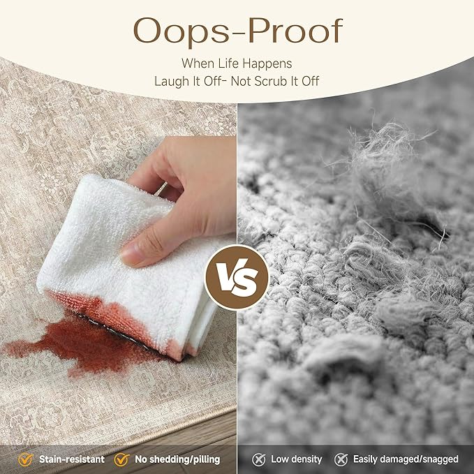HUGEAR 8x10 Area Rugs Machine Washable Retro Beige Living Room Bedroom Rug Distressed Vintage Neutral Stain Resistant Non Slip Low Pile Large Throw Carpet for Home Aesthetic Decor