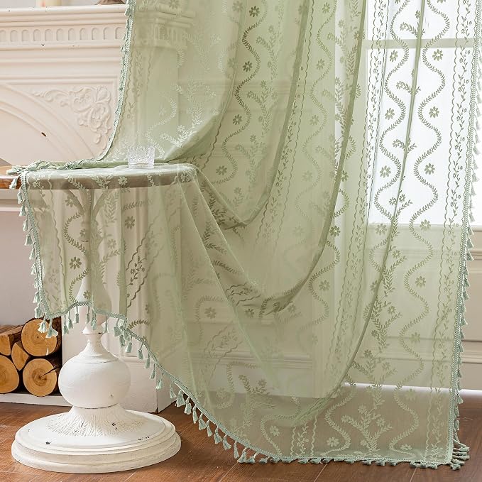 WAZZIO Boho Lace Curtains 2 Panels 96 Inch -Vintage Victorian Sheer Panel Drape French Country Floral Pattern & Tassel Light Filtering Privacy for Bedroom Dining Living Room,Light Sage Green,W52x L96