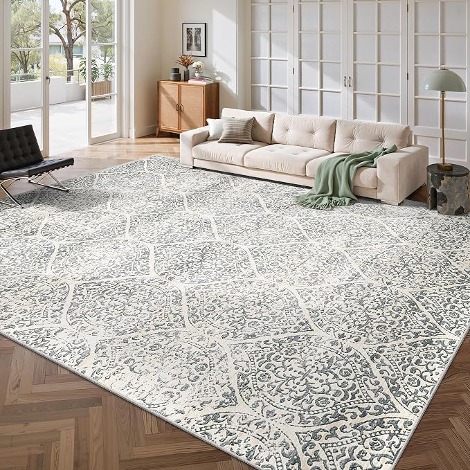 Soalmost 10x14 Area Rug for Living Room, Washable Moroccan Trellis Soft Rug | Stain Resistant Non-Slip Low Pile Natural Extra Large Carpet for Dining Room Bedroom Home Office Nursery Grey, 10'x14'