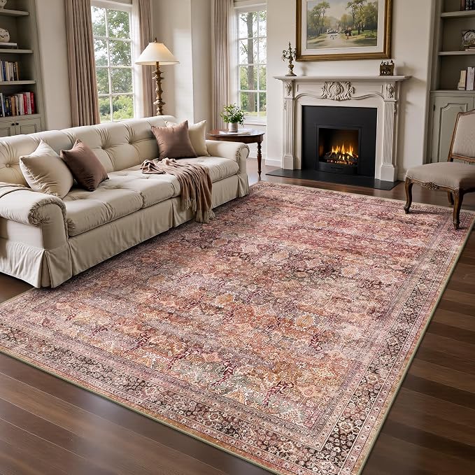 6x9 Area Rugs - Washable Vintage Retro Living Room Rug, Soft Ultra Thin Non Slip Low Pile Traditional Distressed Boho Carpet for Bedroom Dining Room Nursery Home Office, Vintage Iron Red