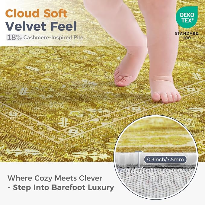 OPPODREAM Vintage Yellow Round Rug 6ft, 6 ft Retro Washable Circle Rug Non Slip, Low-Pile Faux Wool Circular Carpet, Distressed Floor Mat for Living Room, Bedroom, Office, Dorm, Dinning Room