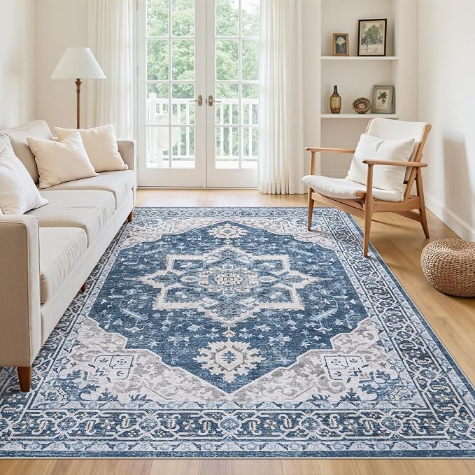 5x7 Area Rugs for Living Room:Blue Washable Vintage Medallion Boho Rug Non-Slip No Slip Stain Resistant Soft Low Pile Large Rugs Indoor Retro Carpet for Bedroom Nursery Dining Office (Blue 5'x7')