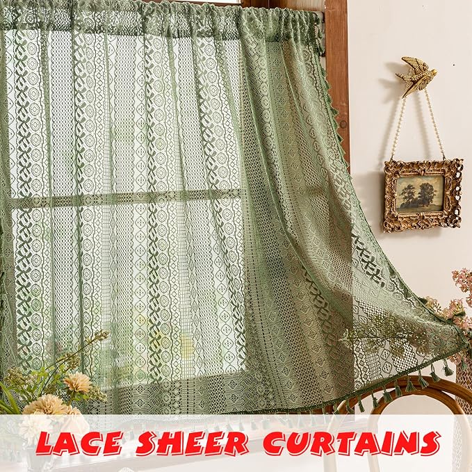 Sutuo Home Olive Green Boho Lace Curtains 2 Panels 45 Inch Long,Semi Sheer Small Window Curtains Drape for Kitchen Cafe Crochet Vintage Chic Tassels Bohemian Privacy Rustic Geometry Rod Pocket, 50" W