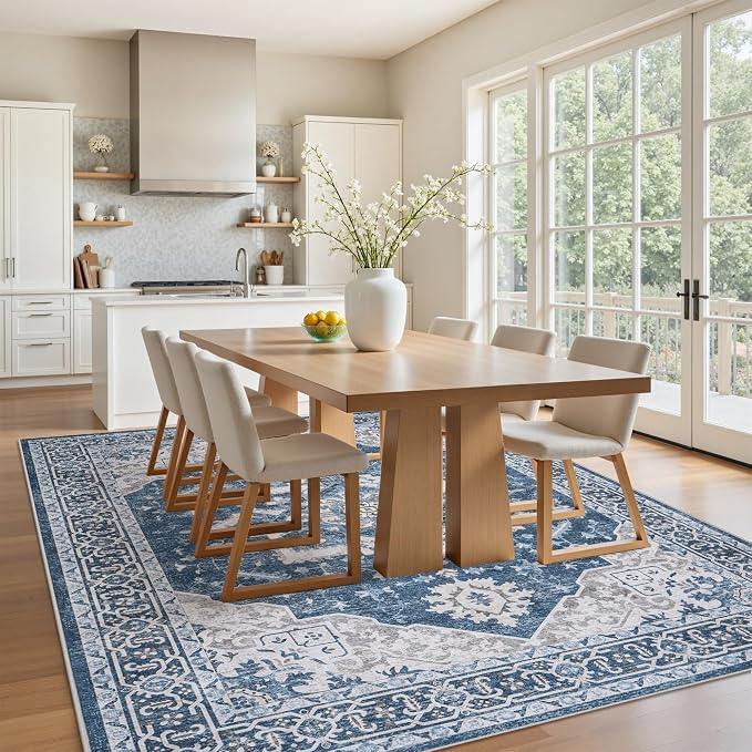 6x9 Area Rugs for Living Room:Blue Washable Vintage Medallion Boho Rug Non-Slip No Slip Stain Resistant Soft Low Pile Large Rugs Indoor Retro Carpet for Bedroom Nursery Dining Office (Blue 6'x9')
