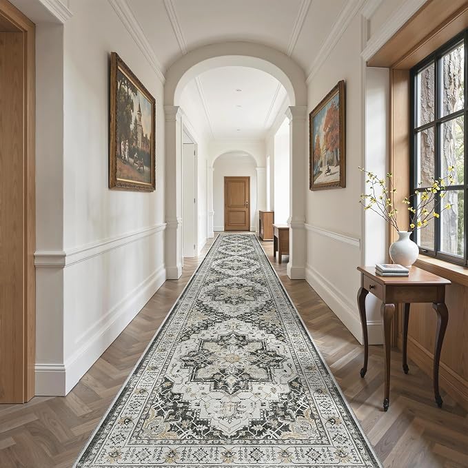 Madane Hallway Runner Rug 3x18 Washable Kitchen Runners 18ft, Black | Vintage Non Slip Extra Long Area Rugs for Hallways, Soft Low-Pile Farmhouse Wide Floor Carpet for Entryway Bathroom Bedroom