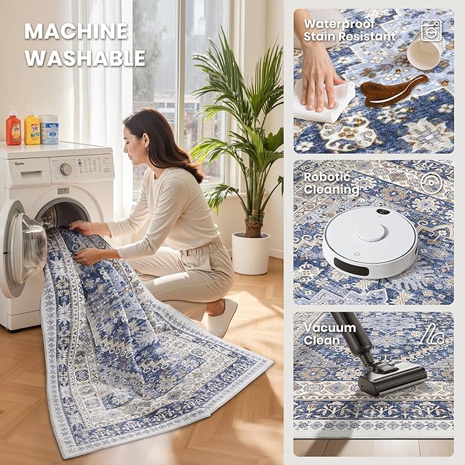 zesthome 3x10 Runner Rug Non Slip Washable for Entryway, Vintage Hallway Runner for Front Porch, Laundry Room, Bedroom, Abstract Stain Resistant Thin Indoor Kitchen Mats for Floor(Blue/Beige,3'x10')