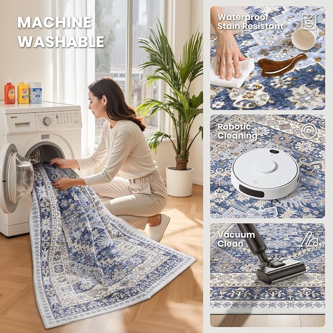 zesthome 3x14 Washable Runner Rug for Hallway, Non-Slip Long Hallway Runner for Entryway, Soft Vintage Kitchen Mats for Floor, Abstract Dining Room, Bedroom, Living Room Rugs(Blue/Beige,3'x14')