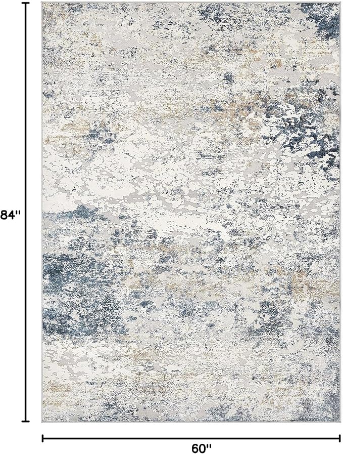 Area Rug Living Room Rugs - 5x7 Abstract Large Soft Indoor Washable Rug Neutral Modern Low Pile Carpet for Bedroom Dining Room Farmhouse Home Office - Beige Blue