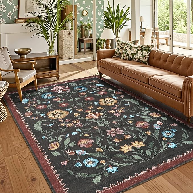 GarveeHome Washable Rug 5x7 Area Rugs for Living Room, Floral Rug for Bedroom, Soft Boho Non Slip Throw Rugs with Rubber Back, Low Pile Stain Resistant Vintage Floral Carpet for Dining Room, Red