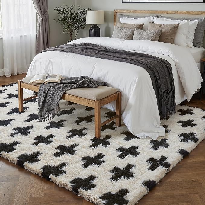 PureCozy Modern Rug 8x10 for Living Room, Black and White Shag Rug Washable Non-Slip Large Area Rug Super Soft Indoor Fuzzy Carpet Fluffy Rugs for Bedroom Home Aesthetic Decor