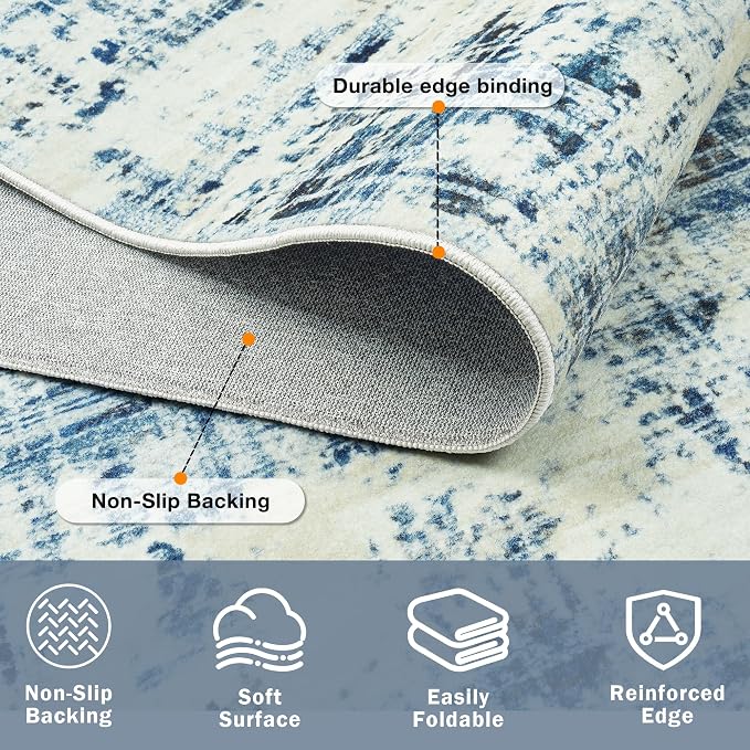 9x12 Area Rugs Washable Rug: Anti-Skid Abstract Modern Living Room Rug Soft Thin Carpets Indoor Floor Non-Shedding Carpet for Bedroom Dining Farmhouse Nursery Home Office (Blue Gray/Gold, 9'x12')