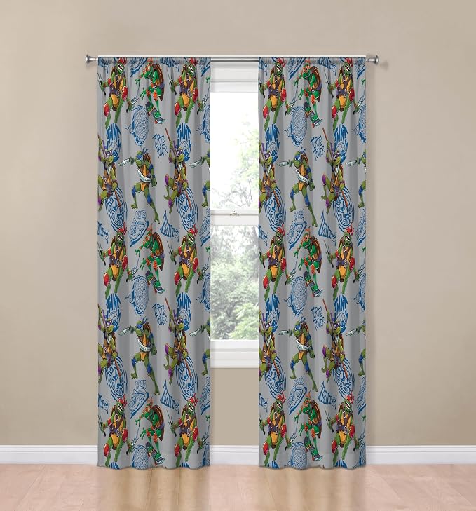 Jay Franco Window Curtains for Kids Bedroom 4-Piece Drape Set with 2 Tiebacks, Grey - Teenage Mutant Ninja Turtles, 42" W x 84" L (Pack of 2)