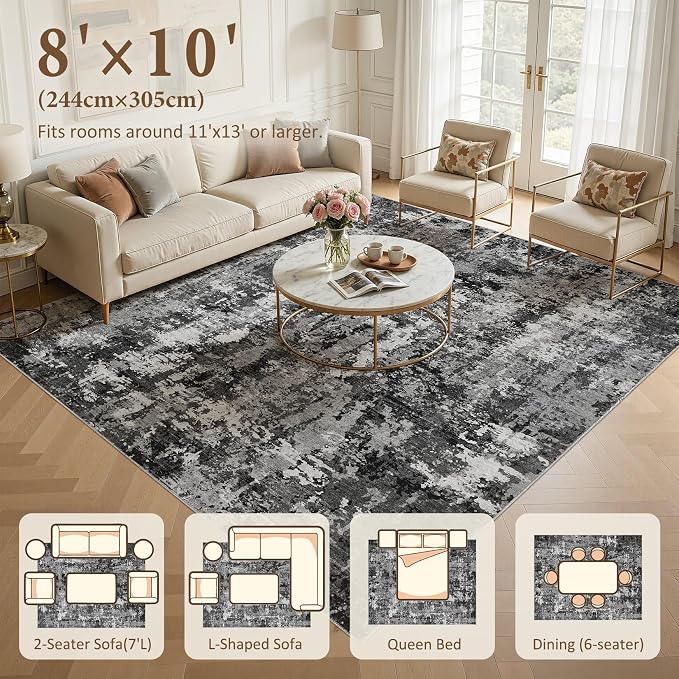 8x10 Area Rug Living Room Rugs: Washable Large Soft Abstract Modern Neutral Rug Stain Resistant & Non-Slip Low-Pile Carpet for Bedroom Dining Nursery Home Office Room Decor - Black