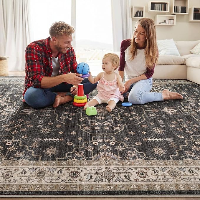 Area Rug for Living Room - 10x12 Soft Washable Oriental Vintage Floral Distressed Large Carpet - Fade Stain Resistant Non Slip Rugs for Bedroom Dining Room Nursery Dorm Office Home Decor - Black