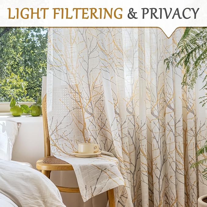 FMFUNCTEX Yellow Grey Tree Curtain for Patio Sliding Door 100 Inch Extra Wide Curtains 96 Inches Long Sliding Door Panel Branch Print Linen Textured Privacy Semi Sheer Curtain Drapes 1 Panel