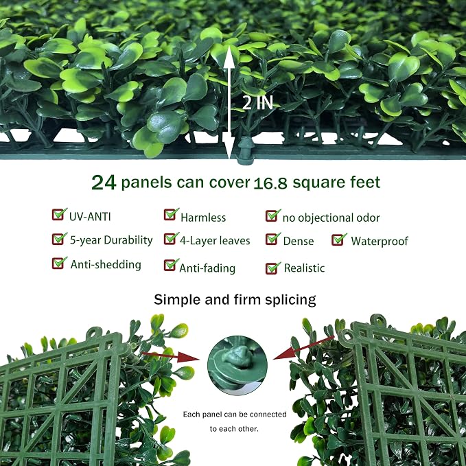 ODTORY Artificial Grass Wall Backdrop Panels 10x10 Inch 24-Pack (16.8 sqft) | UV-Anti, Faux Boxwood Hedge Fence, 4-Layer Leaves, Garden/Backyard/Balcony Privacy Screen, Indoor Outdoor Wall Decor