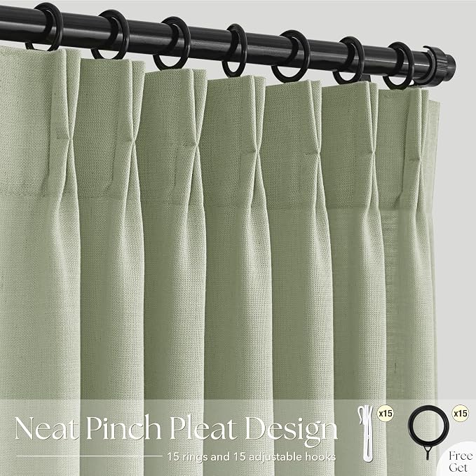 Pinch Pleated Sage Green Curtains 108 inch Long for Living Room 2 Panel Set Light Fitering Semi Sheer Light Green Linen Curtain with Pleat Hooks Rustic Farmhouse Sage Drapes 9 ft Length 40"x108"