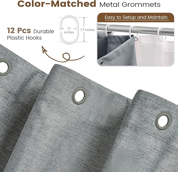 BTTN 3 in 1 Shower Curtain Set - 96 Inch Extra Long Linen Textured Cloth Shower Curtain Liner with Plastic Hook, Modern Hotel Luxury Waterproof Fabric Shower Curtain for Bathroom, Grey/Gray, 72x96