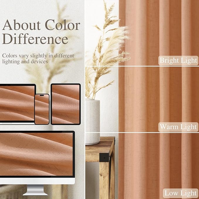 Nanspring Peach Quartz Curtains 90 Inches Long 2 Panel Set Back Tab Rod Pocket Linen Blend Bohemian Semi Sheer Light Filtering Neutral Decor for Relaxing Bedroom and Charming Living Room 52x90