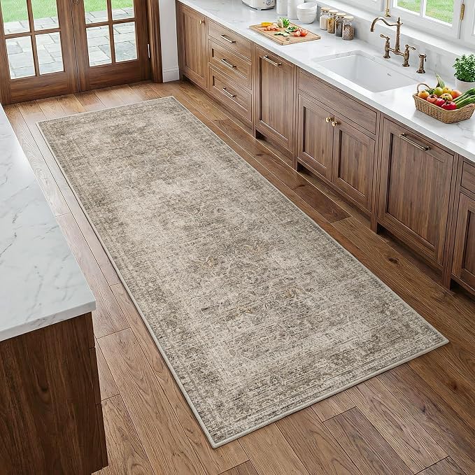 Fmfunctex 3x8 Runner Rug Taupe Washable Vintage Neutral Distressed Non Slip Low Pile Indoor Carpet Soft Retro Floral Hallway Entryway Rug for Kitchen Living Room Bedroom Bathroom Laundry Entry Bedside
