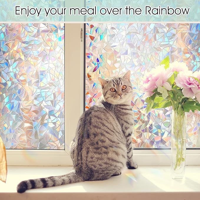 STATINT Stained Glass Privacy Film, UV Blocking Rainbow Static Cling Non-Adhesive Vinyl Stickers for Home Door Window, 29.5 Inch X 6.5 Feet
