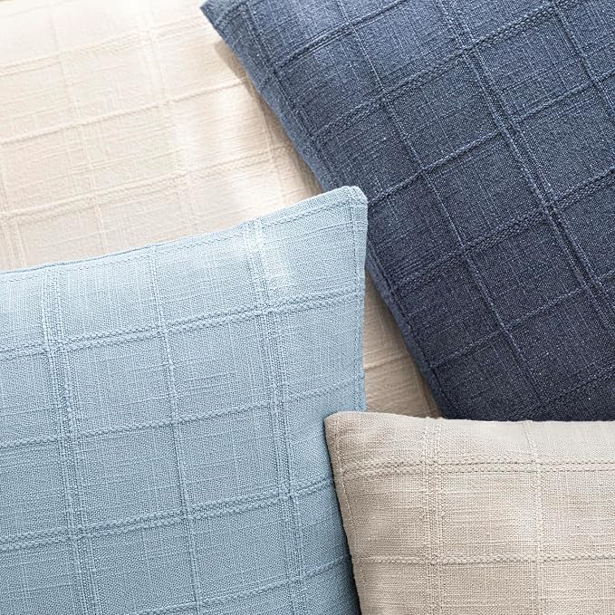 Foindtower Set of 2 Decorative Linen Check Throw Pillow Covers Neutral Farmhouse Lumbar Cushion Covers Modern Boho Accent Home Decor for Sofa Chair Couch Bedroom Living Room,12×20 Inch,Sky Blue