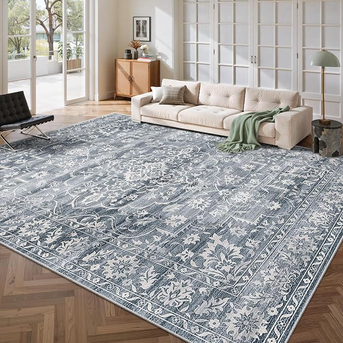 Soalmost 8x10 Area Rugs for Living Room, Washable Bedroom Soft Rug Blue | Vintage Floral Non-Slip Low Pile Stain Resistant Throw Large Neutral Carpet for Dining Room Kitchen Home Office 8'x10'