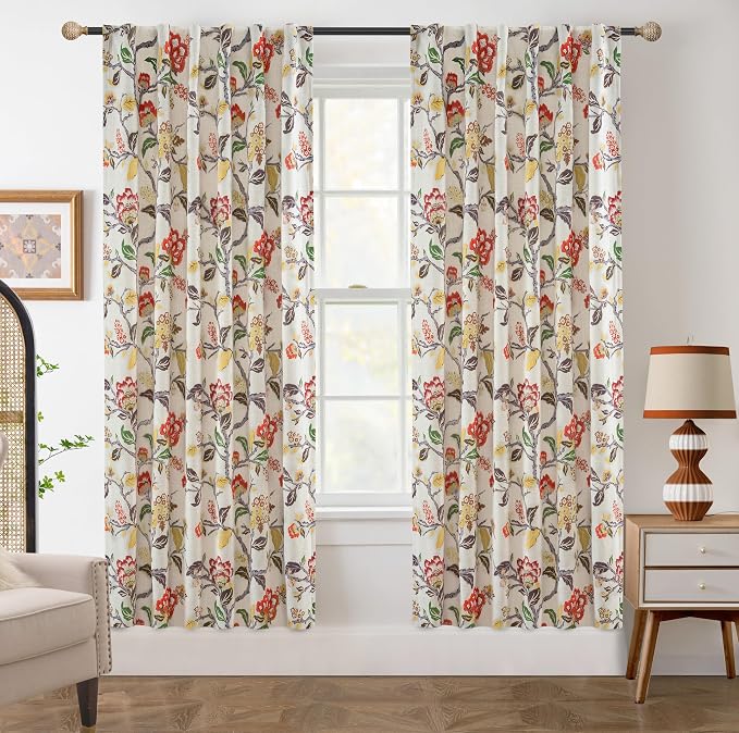 DriftAway Ada Floral Botanical Print Flower Leaf Lined Thermal Insulated Room Darkening Linen Blackout Back Tab Window Curtains 2 Layers Set of 2 Panels Each 52 Inch by 72 Inch Orange Terra Cotta