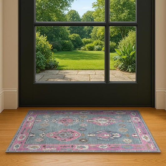 Green Pink Oushak Area Rug 2'5x5' - Washable Area Rugs, Non-Slip Small Throw, Vintage Low Pile Turkish Eclectic Pastel, Accent Area Rug for Living Room, Bedroom Kitchen, Bathroom, Kids Room