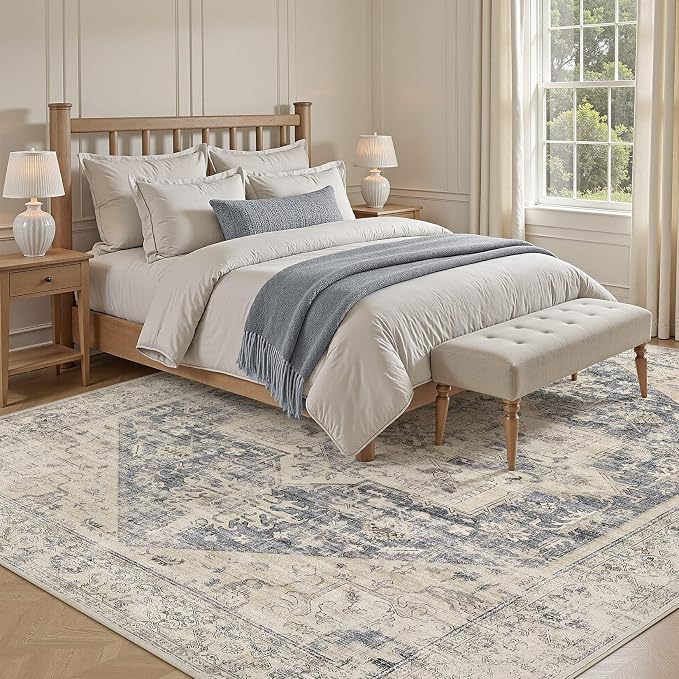 5x7 Area Rugs for Living Room - Large Carpet Ultra Thin Soft Washable Oriental Vintage Floral Distressed Big Indoor Carpets for Bedroom Nursery Dorm Home Decor Aesthetic - Blue Beige