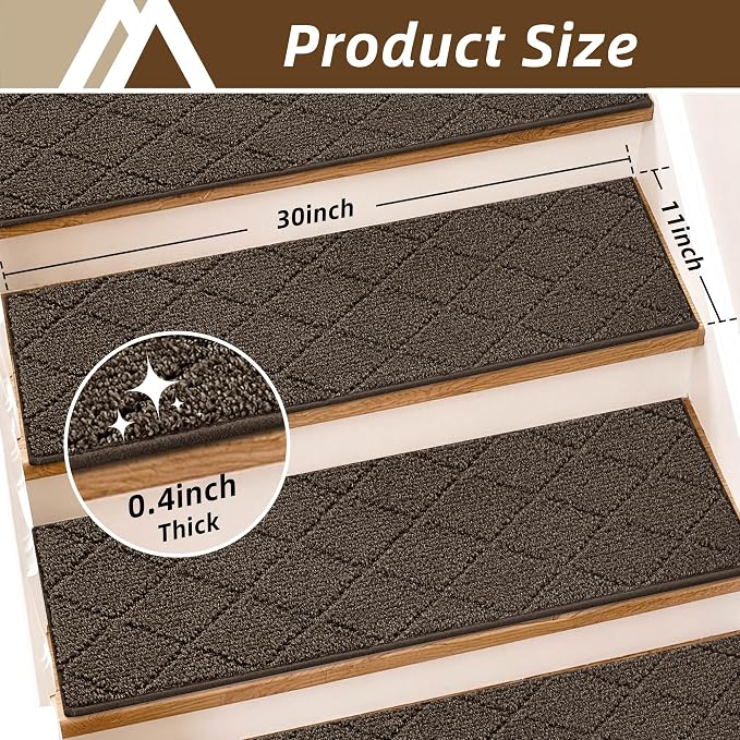 COSY HOMEER Stair Treads for Wooden Steps 11"x30" Washable Indoor Carpet Stair Treads Non Slip Soft Polyester Stair Carpet Tread Reusable Stair Runner Rugs for Kids, Elders,Pets,Brown,4pcs