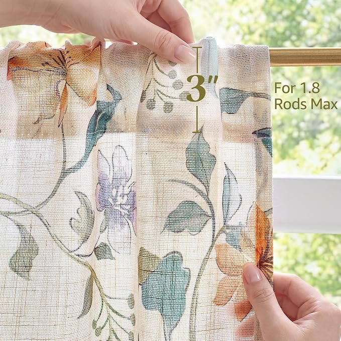 jinchan Hattie Floral Linen Kitchen Curtains 30 Inch Length Vintage Cottage Core Farmhouse Cafe Curtains Light Filtering Small Window Drapes for Living Room Bathroom Rod Pocket 2 Panels Beige