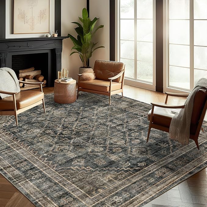 CHAMPLANT Washable Area Rug 9'x12' Retro Boho Design Non-Shedding Easy Care Ideal for High Traffic Areas in Living Room Bedroom Office Coffee Table Kitchen Large Carpet