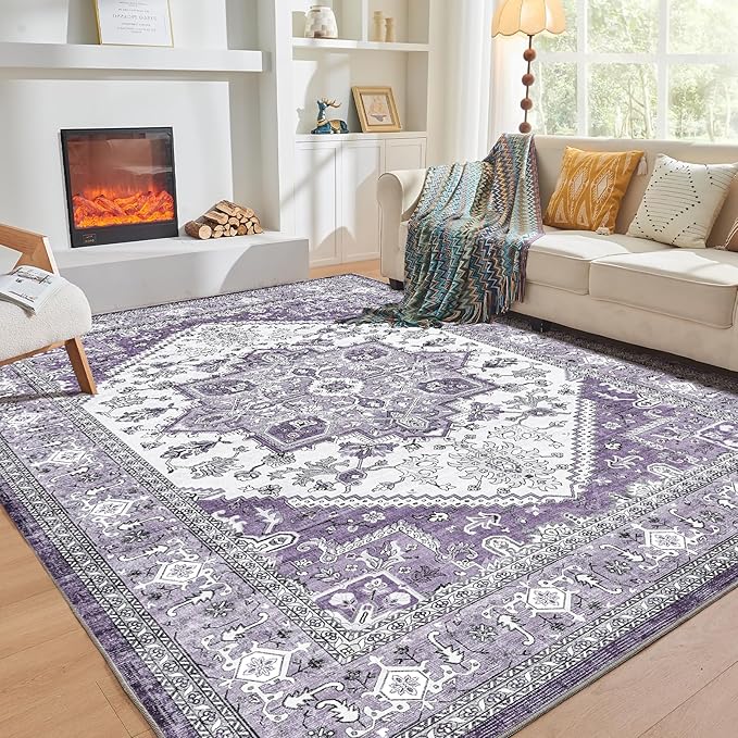 OPPODREAM Soft 10x14 Area Rugs, Washable Rugs 10x14 with Non Slip Backing, Low-Pile Faux Cashmere 10 x 14 Carpet, Purple
