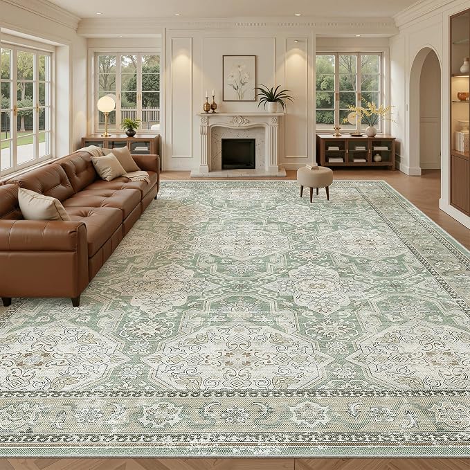 Soalmost 10x14 Area Rugs for Living Room, Non Slip Machine Washable Vintage Rugs, Low Pile Lightweight Large Rug for Bedroom, Dining Room, Home Office Green/Brown
