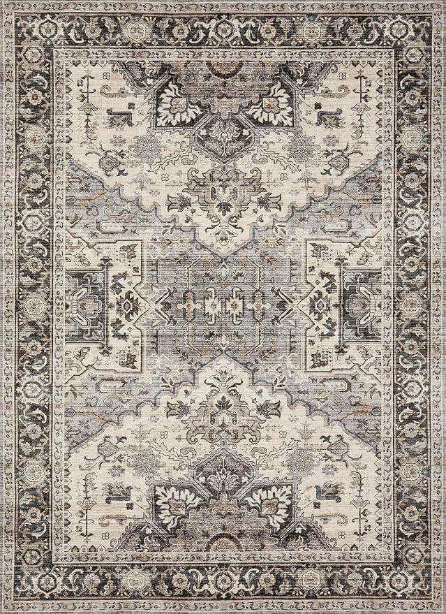 Area Rug for Living Room - 9x12 Soft Machine Washable Oriental Vintage Floral Distressed Large Indoor Floor Carpet for Bedroom Under Dining Table Home Office Decor - Brown