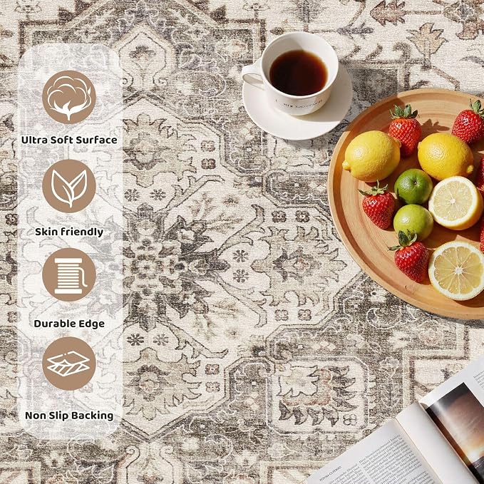8ft Round Vintage Living Room Area Rug - 8x8 Large Soft Washable Oriental Traditional Distressed Farmhouse Rugs for Bedroom - Indoor Floor Accent Carpet for Home Office House Decor - Light Brown