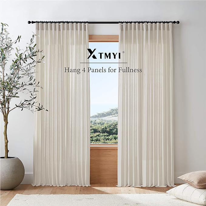 XTMYI Floor to Ceiling Curtains 8 FT,Linen Cotton Blend Faux Linen Soft Touch Light Airy Grey Beige Sheer Curtains for Bedroom Living Room Dining Room Nursery,96 Inches Long
