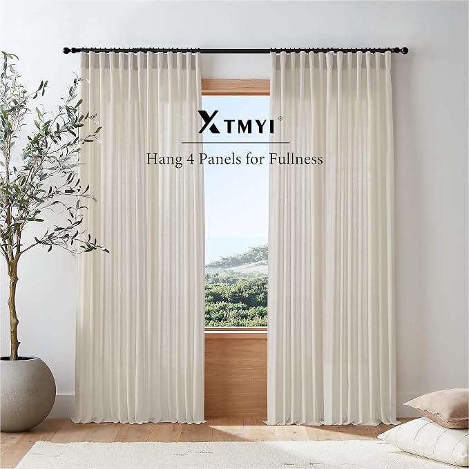 XTMYI Oatmeal Beige Back Tab/Hook Belt Linen Cotton Sheer Curtains 63 Inch Length for Bedroom Living Room