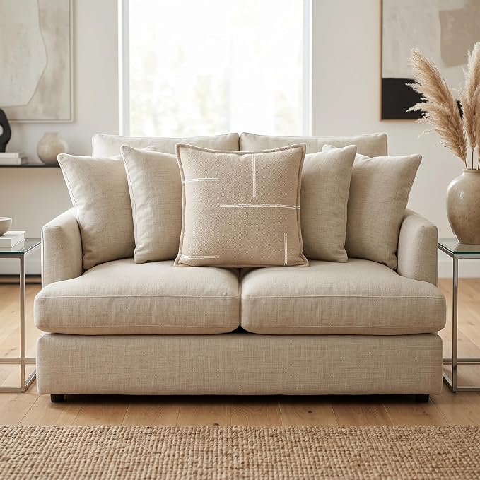 SanVia Cotton Throw Pillow Covers 20x20 – Handwoven Jacquard Texture, Fade-Resistant, No Pilling – Hidden Zipper, Decorative Cushion Cover for Sofa, Couch, Bed – Insert Not Included (Modern, Beige)