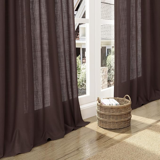 Coffee Linen Curtains 80 Inch Length 2 Panels Set Back Tab Rod Pocket Textured Sheer Light Filtering Boho Room Decor Aesthetic Curtains Burlap Look Curtain Drapes for Living Room Bedroom 52x80
