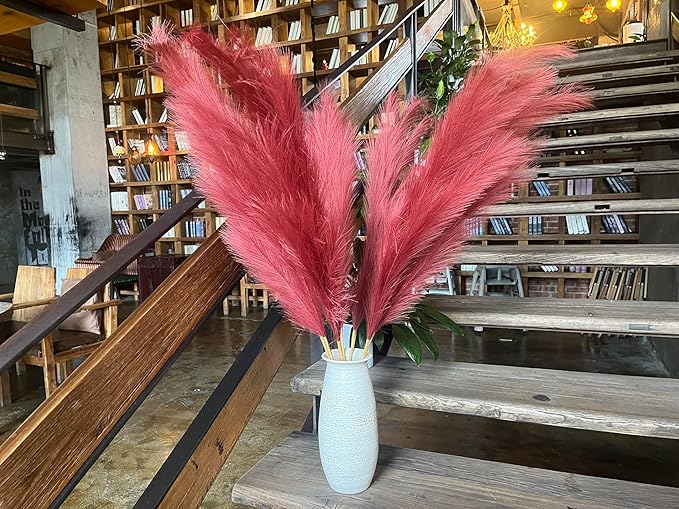 Premium Faux Ruby Red Pampas Grass – 43.3" Tall Fluffy Vibrant Decor, 8pcs 18-Branch One-Piece Stems No Assembly, Luxury Silk-Feel Feather Flowers for Bold Boho Decor, Jewel Tone Red 8 Stems110cm