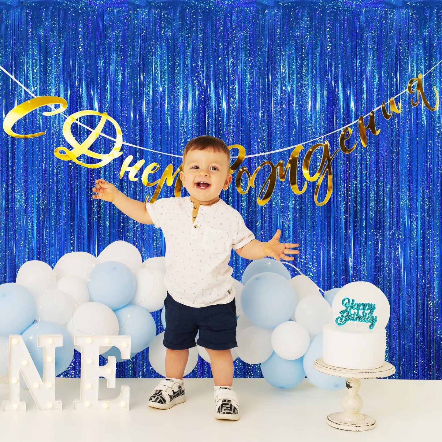 GOER 6.4 ft x 8.2 ft Metallic Tinsel Foil Fringe Curtains Party Photo Backdrop Party Streamers for Birthday,Graduation,New Year Eve Decorations Wedding Decor(2 Packs,Shiny Blue)