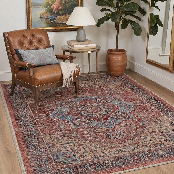 GENIMO 5X7 Area Rugs for Living Room, Machine Washable Non Slip Vintage Rugs, Floral Medallion Low Pile Rug for Bedroom, Dining Room, Home Office, Dusty Red