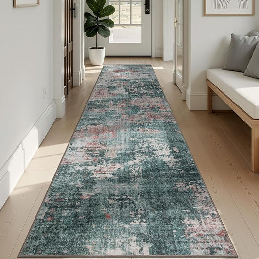 Sasttie 2x12 Soft Runner Rug for Entryway, Modern Abstract Washable Carpet for Hallway, Kitchen and Laundry Room, with Non-Slip Backing, Pink and Green