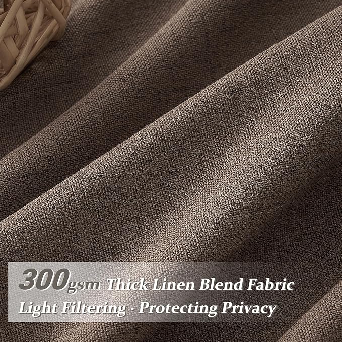 Linen Pleated Dark Brown Curtains 96 Inches Long for Sliding Glass Doors, Memory Trained Semi Sheer Drapes Light Filtering Non See Through Rustic Windows Curtain 2 Panels Set 8FT Length with Back Tab