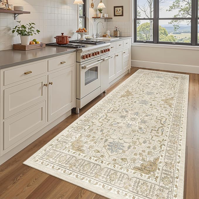 Madane 4x8 Wide Hallway Runner Rug Washable for Living Room, Beige/Blue | Soft Stain Resistant Ktichen Runners 8ft, Vintage Non Slip Low Pile Area Rugs, Thin Floor Carpet for Bathroom Dining Bedroom