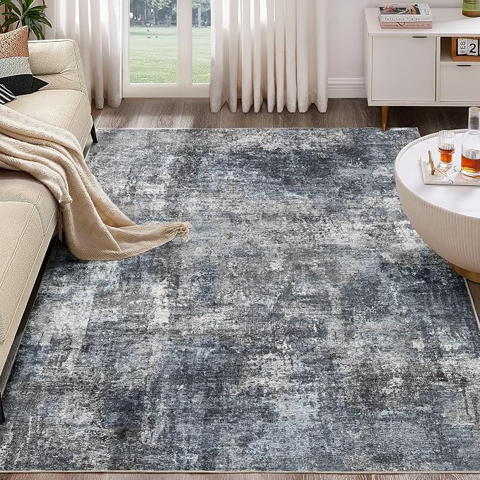 Abstract 5x7 Area Rug: Machine Washable Non Slip Ultra Thin Low-Pile Carpet, Soft Stain Resistant for Living Room Bedroom Nursery, Kid Pet Friendly, Robot Vacuum Compatible - Dark Grey/Blue